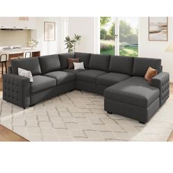 HONBAY Sectional Couch with Pull Out Bed, Sectional Sleeper Sofa with Storage, U Shape Sectional Couches for Living Room,Mid-Gray