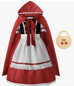 Girls 10-12 Little Red Riding Hood Girl Halloween Costume Dress Cloak Apron Bag