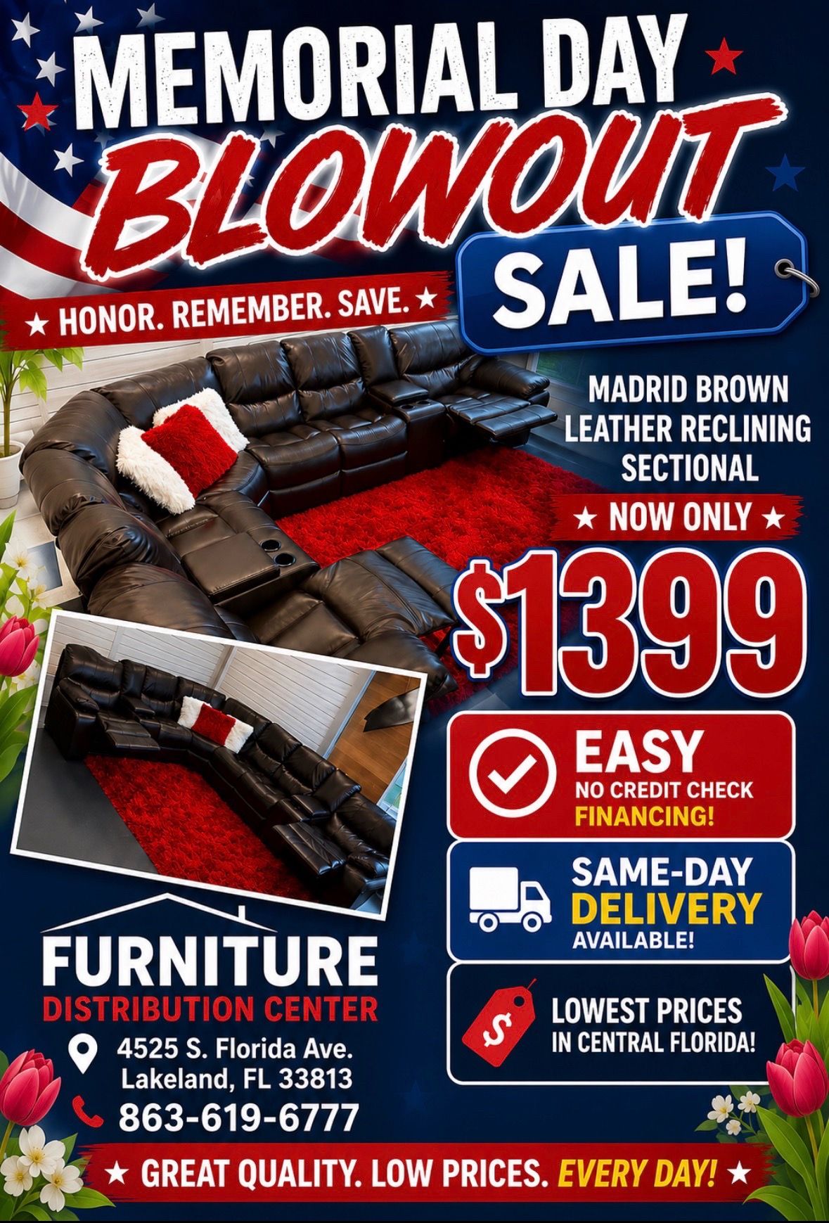Memorial Day sale. Madrid Brown leather reclining sectional only $1399. Easy finance option. Same-day delivery.