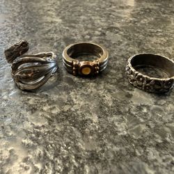 Lot of 3 Vintage Sterling Silver Rings: Designer BOMA-Style Two-Tone, International Silver Co. Snake