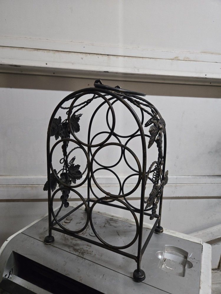 Vintage Wrought Iron Wine Bottle Holder w/ Scroll Detail