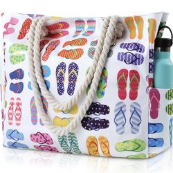 Large Beach Bag for Women, Waterproof Sandproof Pool Bag with Zipper