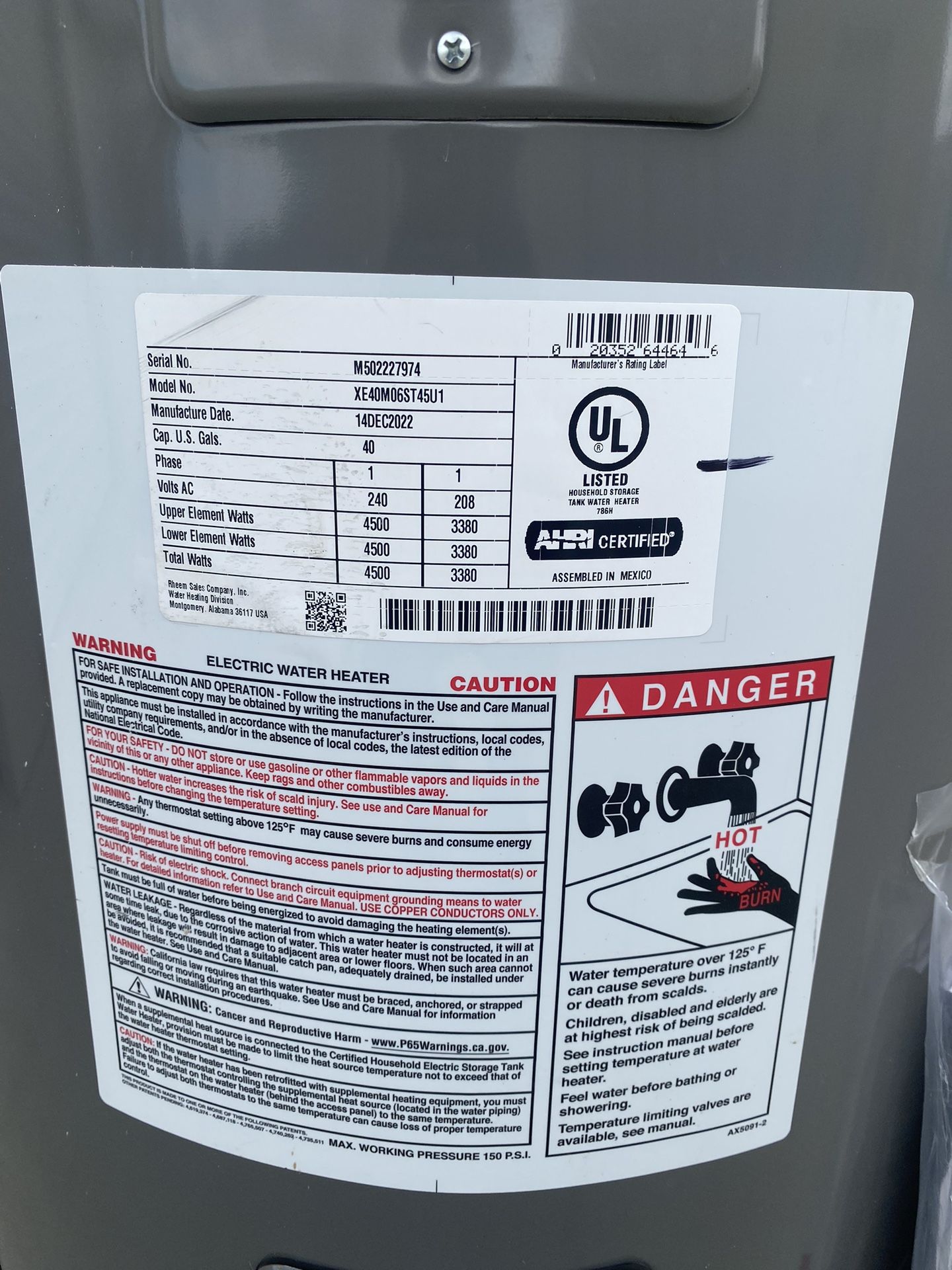 Electric 40 gallon water heater