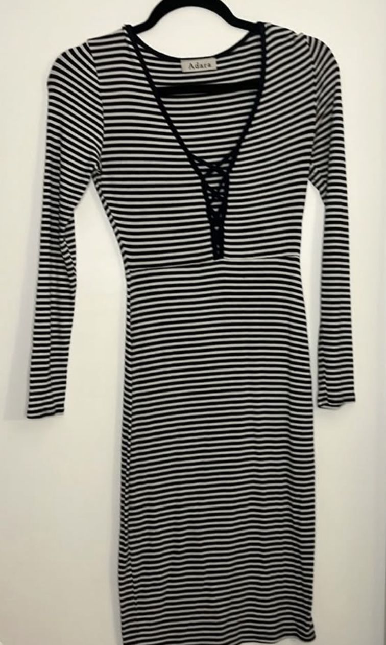 Adara blue and white horizontal striped tight fitting above the knee dress