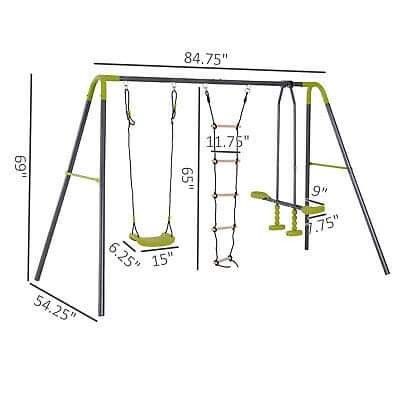 A-Frame Kids Metal Swing Set Swing Chair & Glide Set Climbing Ladder Outdoor Fun