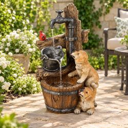 Resin Puppies and Water Pump Outdoor Patio Fountain with LED Light ，F724