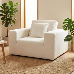 Cloud Single Sofa Modern Upholstered Accent Chair with Deep Seat, Teddy Fabric Single Couch for Living Room Bedroom, No Assembly Required, Beige