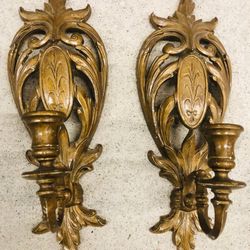 Pair Of Vintage Candle Holder Wall Decor Wood Look Gold Color 