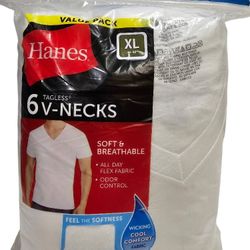 Brand New Hanes 6 Pack Tagless V-Neck ComfortSoft Breathable White T-Shirts XL