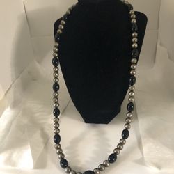 Black & Silver Tone Beaded Necklace 30” Long Boho Chic