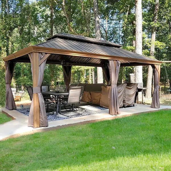 12'x20' Hardtop Gazebo Outdoor Aluminum Wood Grain Gazebos with Galvanized Steel Double Canopy for Patios Deck Backyard,Curtains&Netting (Wood-Looking