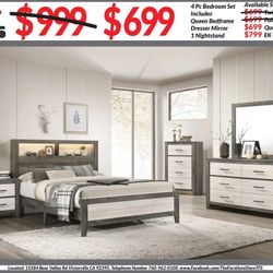 4pc Bedroom Set New $699 Queen $799 Eastern King Includes bedframe Dresser mirror nightstand White Grey Bedroom Set