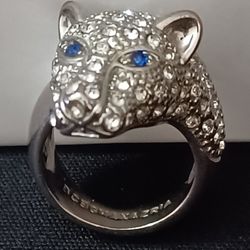 BCBG MAXAZRIA Shiny Silver/Clear/Blue Eyes Rhinestone Panther Leopard Tiger Ring