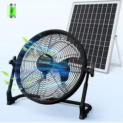 New! 14" Portable Battery Operated Solar Fan, Rechargeable Floor Fan, Hi-Velocity Cordless Camping Fan, USB Phone Charge, Quiet, Wireless, For Travel 