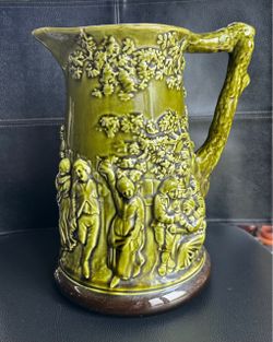 Antique French Sarreguemines Green Majolica Pottery Pitcher