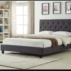 Brand New In Box Queen Size Dark Grey Linen Upholstered Bed With Mattress. Assembly Required, We Can Deliver, Cama Con Colchon.