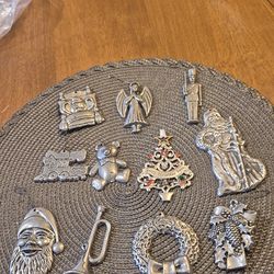 11 vintage pewter metal ornaments