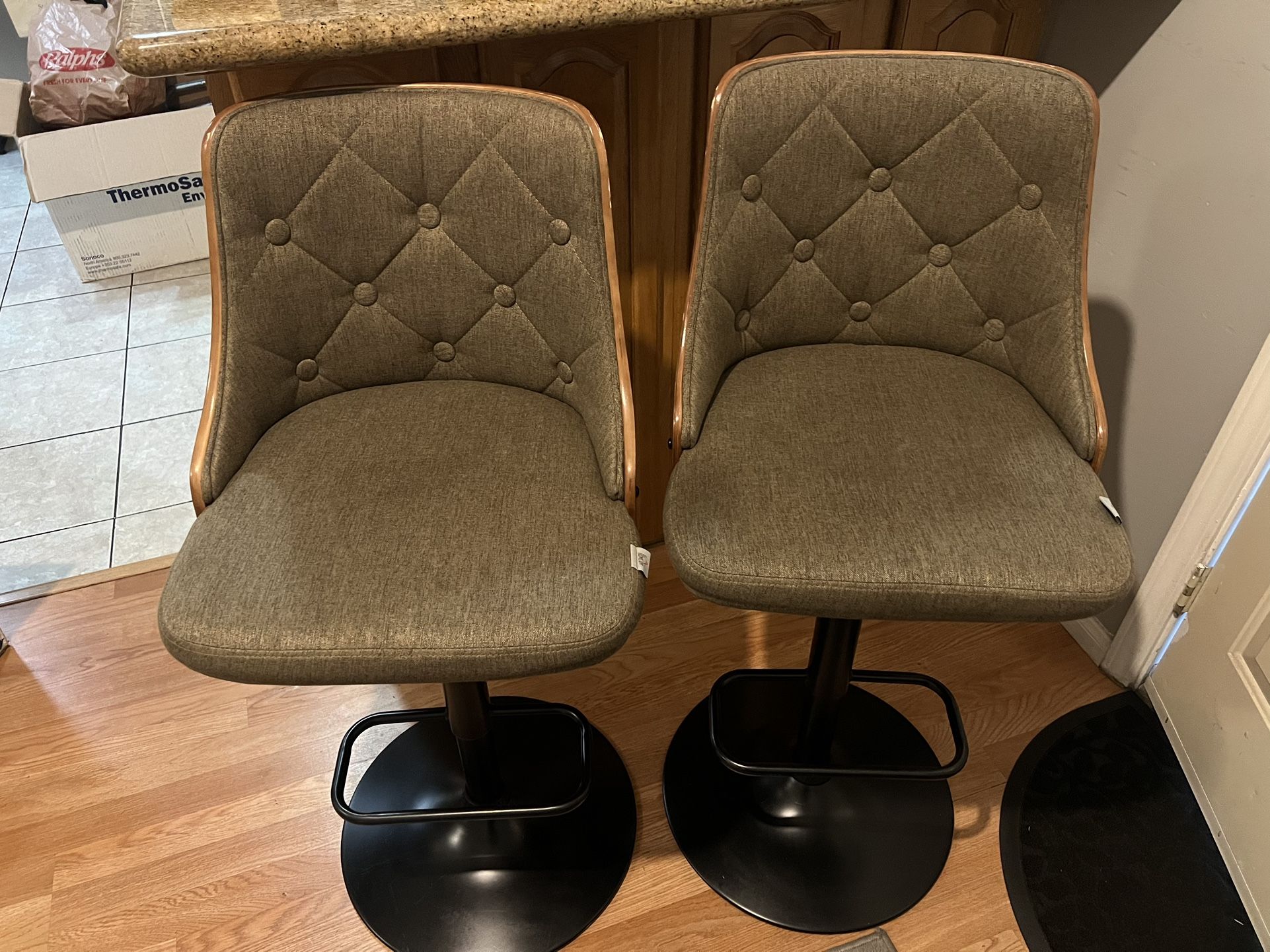 2 Like New HOMCOM Wooden And Fabric Swivel Bar Stools