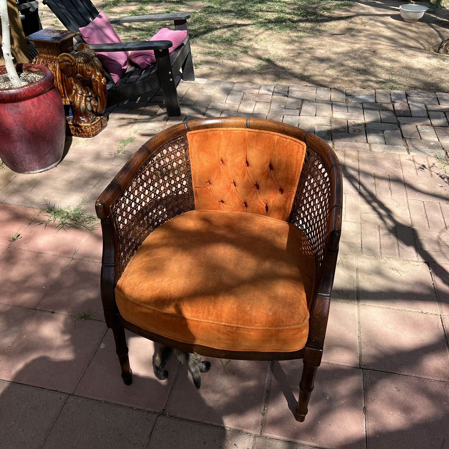 Vintage Mid Century Cabin Cane  Burnt Orange Velvet Chair 