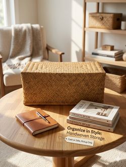 Vintage Asian Split-Bamboo Herringbone Nesting Trunk Box – Interlocking Storage Basket
