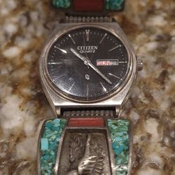 Custom Made Citizen Watch w/ Inlaid Turquoise & Coral