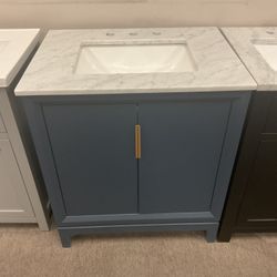 30” Blue Solid Wood Bathroom Vanity With Marble Top (V1233)