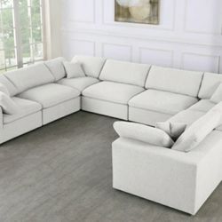 Serene Linen / Wood Cream Deluxe Cloud Modular Sectional

