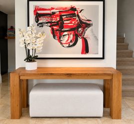 RH Wood Console Table + White Ottoman
