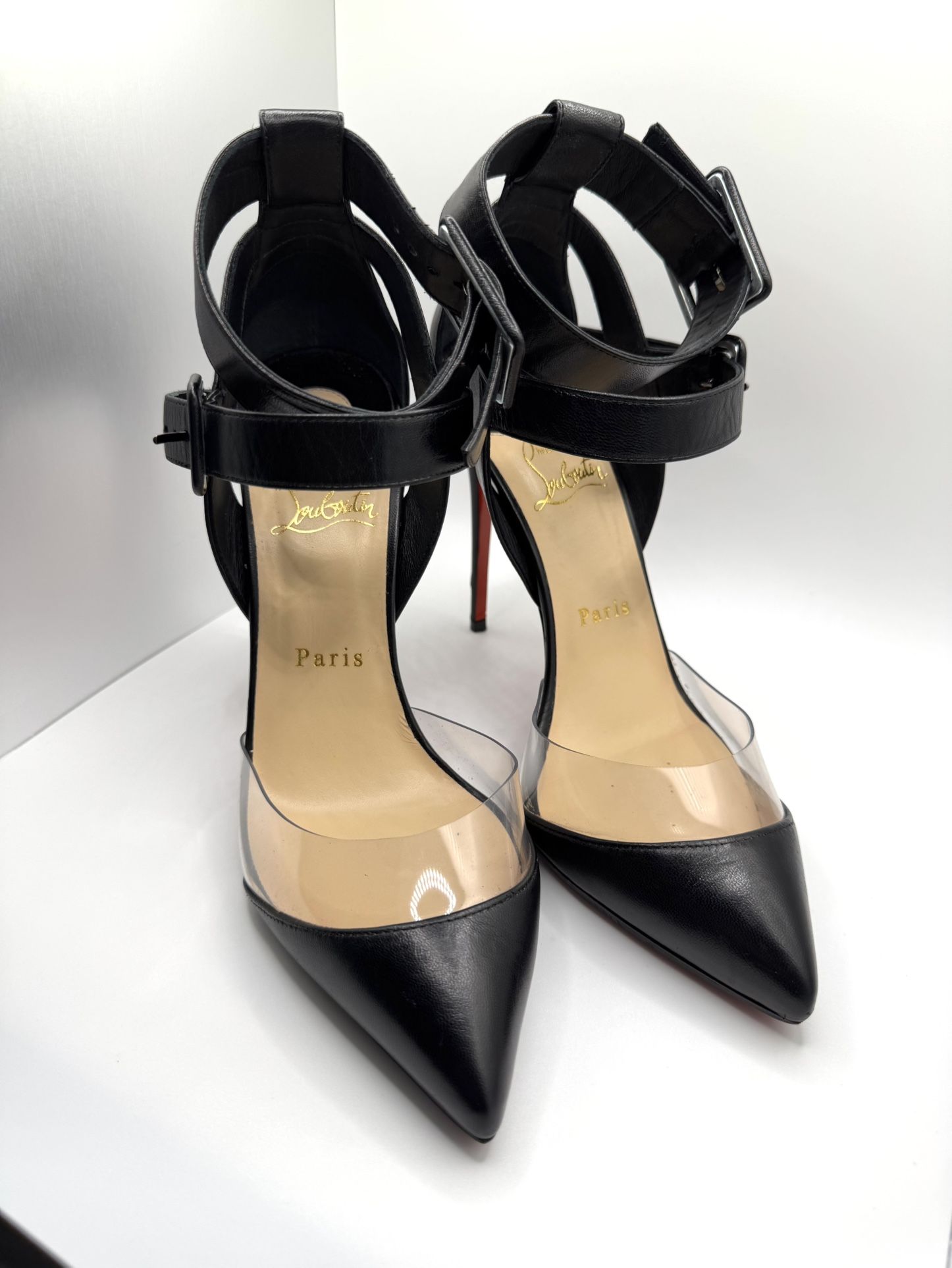 Christian Louboutin Multimiss 100 Leather/PVC Red Sole Pumps, Black, Women's, 38EU