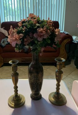 Brass Candlesticks & Vase