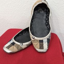 Burberry Shoes Women 5.5 Plaid Ballet Flats Slip On Tan Fabric Casual Square Toe