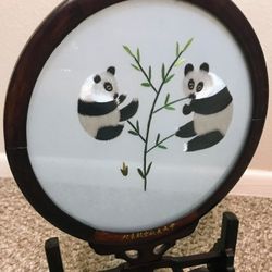 Pandas eating bamboo silkscreen embroidery home decor