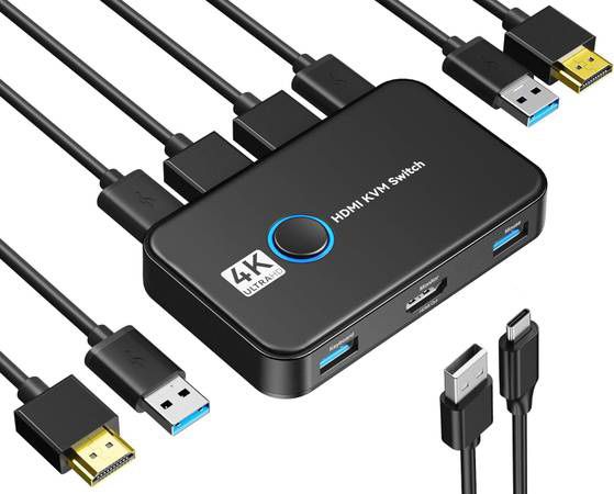 new KVM Switch HDMI,USB KVM Switch for 2 Computers Sharing One HD Monitor and Keyboard Mouse, Support 4K@60Hz,2 HDMI Cables and 2 USB Cables,1 USB C C