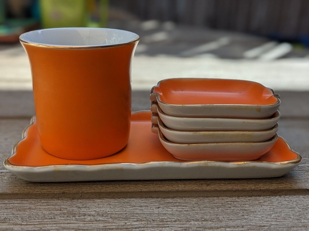 Mid Century Modern Ceramic Smoking Set w/ rolling tray, four ashtrays and cigarette holder perfect for Bar cart or coffee table