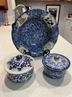 Vintage Blue and White Farmhouse Sponge Ware Pottery Set