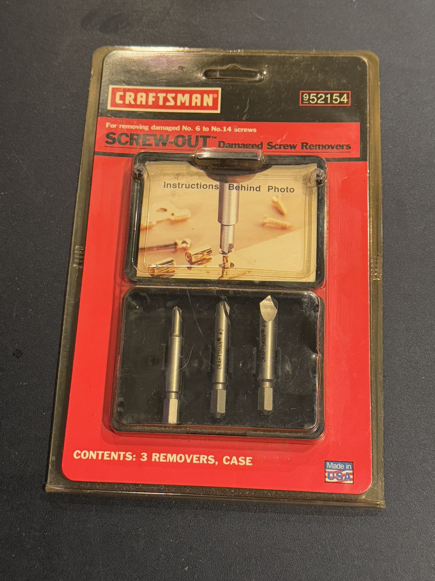 Craftsman 3 Piece Screw-Out Damaged Screw Removers 952154 NOS MADE IN USA. Some yellowing of the plastic