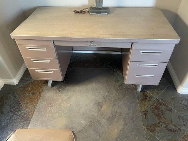 Vintage Mid-century Tanker Desk, chair and lamp