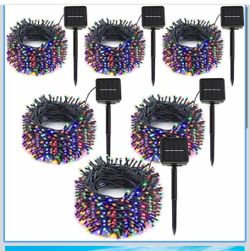 Pack of  5 extra-long 236-foot solar LED string lights with 600 LEDs, waterproof, with 8 lighting modes, for outdoor party decorations.