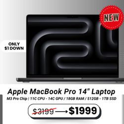 💻 MacBook Pro 14" (M3 Pro, Brand New) – $1,899 or $1 Down! Save $300 + Warranty ✅