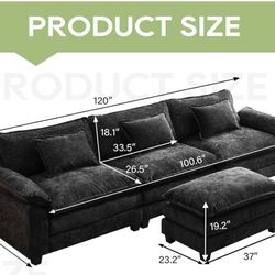 NEW - 120" Modular Sectional Sofa, Comfy Cloud Couch Sectional Sofa with Ottoman, Chenille Sofa Sleeper Deep Seat Sofa for Living Room