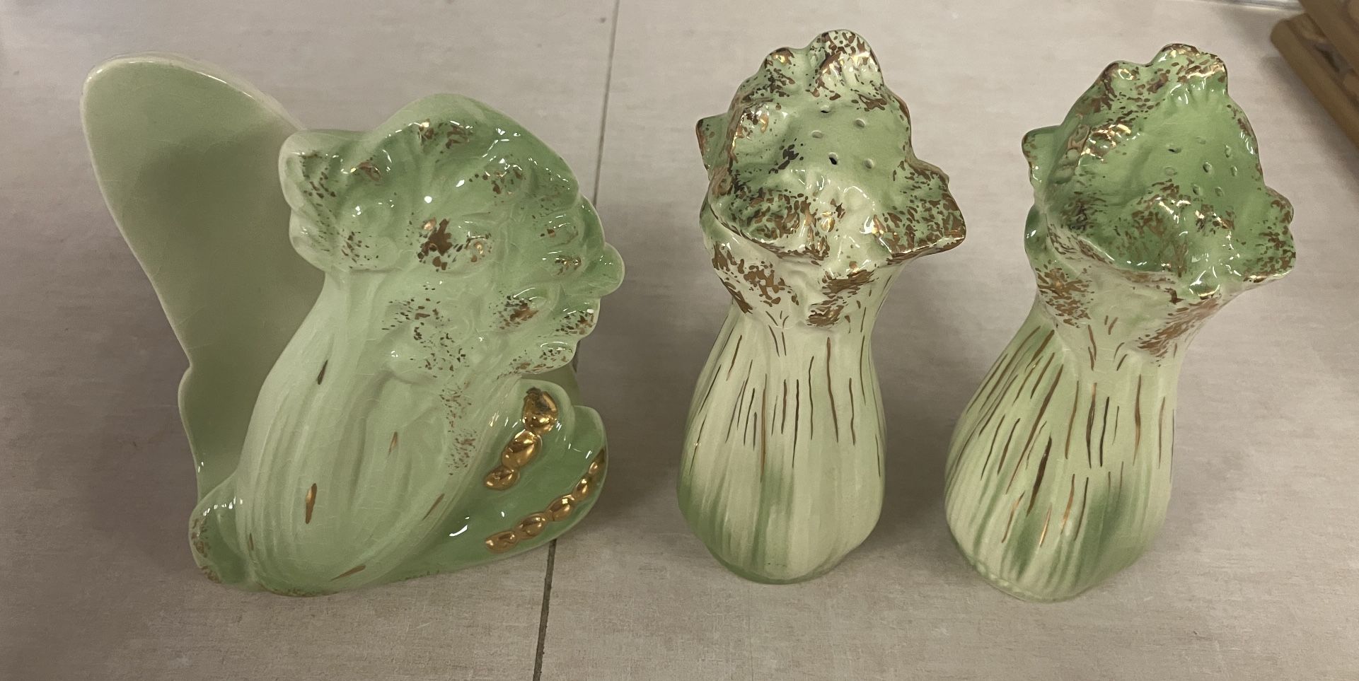 Vintage Hobbyist Ceramic Vegetable Napkin Holder and Salt & Pepper Shakers