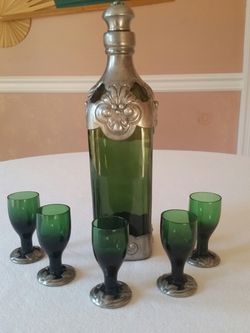 Rare Art Deco Metal Clad Square-sided Empty "Walker's S Kilmarnock Whisky 2578" Bottle With Cork and 5 2 oz Matching Glasses