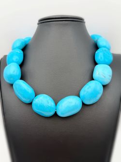 Vintage 925 sterling silver Natural Blue Turquoise Oval Stone Choker Necklace chain 17” 25mm