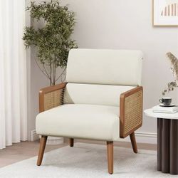 Beige Faux Leather Accent Chair Natural Rattan Armchair Upholstered Living Room Chairs Modern Slipper Chair for Club Reading Bedroom
