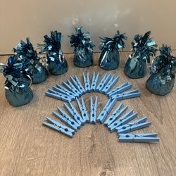 Blue Wood Clothespins and Metallic Balloon Weights for Party Baby Shower Decoration Supplies 