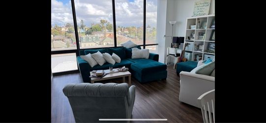 Living Spaces Teal Couch Sofa Sectional Velvet