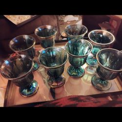 Set Of 8 Vintage Blue Grape Carnival Glass Goblets 
