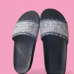 Y2k Retro Open Toe PINK Victoria's Secret glitter silver sparkly  slides 