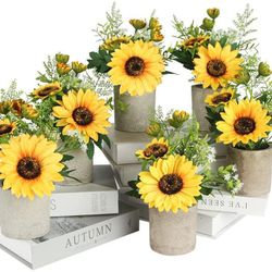 NEW! Tiyard 6pcs Sunflower Decor Artificial Potted Plants Yellow Fake Flower in Pots / FLORES Thumbnail