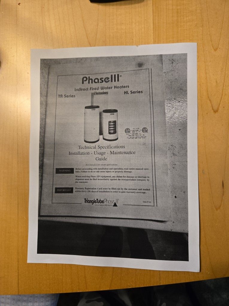 Phase III Indirect Fired Water Heater, TR Series